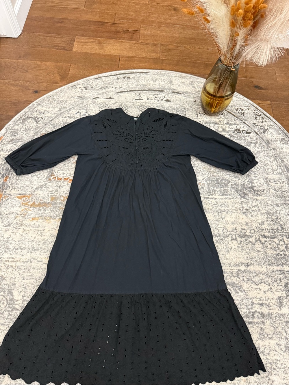 H&M Black Eyelet Midi Dress with Lace Yoke Detail